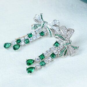 Sterling Silver 925 sweet bow earrings, woman's green tassel luxury jewelry